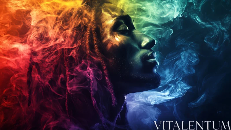 Profile of man in colored smoke with intense side lighting.