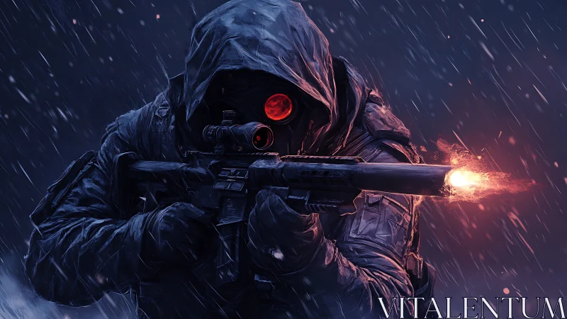 Tactical Sniper Stands Ready in the Storm