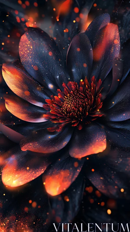 Luminous midnight flower glowing with warm ember light.