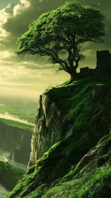 Solitary cliffside tree guarding emerald valleys at dusk.