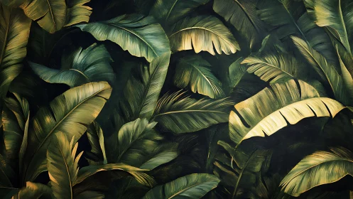 Lush tropical banana leaves in layered emerald shadow play.