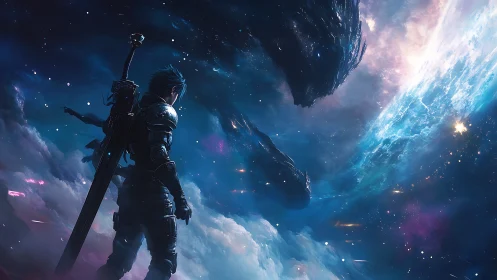 Armored figure with sword observing colossal space forms.