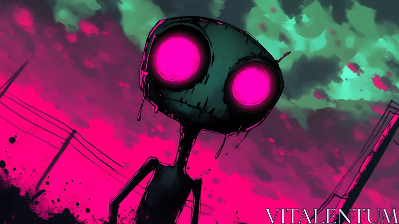 Neon alien figure under vivid cyan and magenta sky.