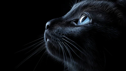 Black Cat with Piercing Blue Eyes Against Dark Background.