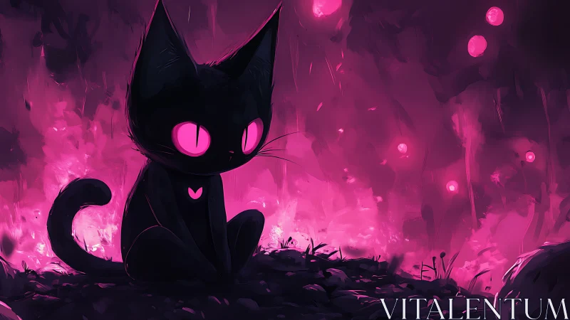Glowing eyed black cat sits in vivid neon pink forest