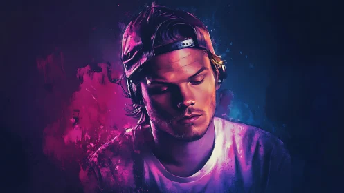 Moody digital portrait of young man in colorful light.