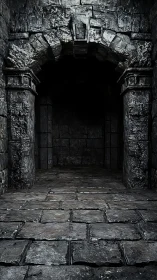 Ancient stone dungeon archway with dark shadowed passage.