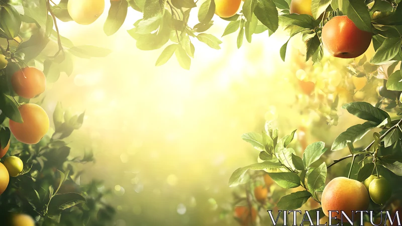 Sunlit orchard canopy cradling ripe, glowing garden fruit.