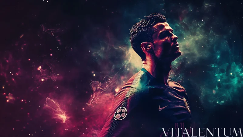 Nebular-lit footballer portrait in high-contrast digital cosmos.