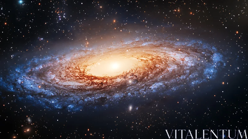 Spiral galaxy core with luminous dust lanes, deep space framing.