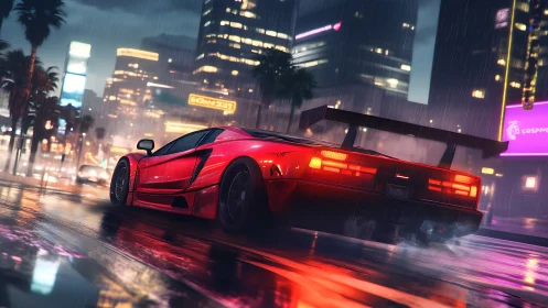 Red supercar powers through neon city in cinematic rainstorm.