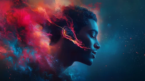 Neon nebula portrait merges human profile with cosmic plasma flow