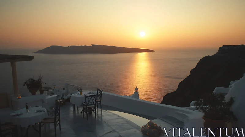 Seaside terrace at golden hour with symmetrical sunset horizon.