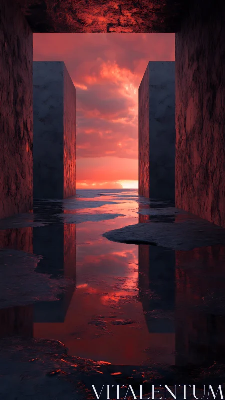 Sunset portal corridor opens onto a glowing red horizon