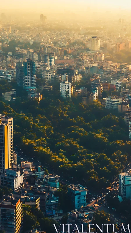 Sunlit highrise cityscape framing dense urban park core.