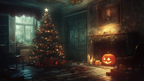 Cozy haunted parlor where Halloween bumps into Christmas.