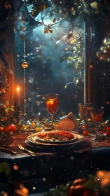Cozy enchanted dinner table glowing with candlelit warmth.
