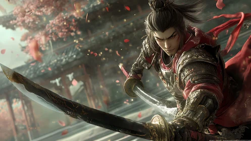 Dynamic armored swordsman amid petals in high-detail digital rendering