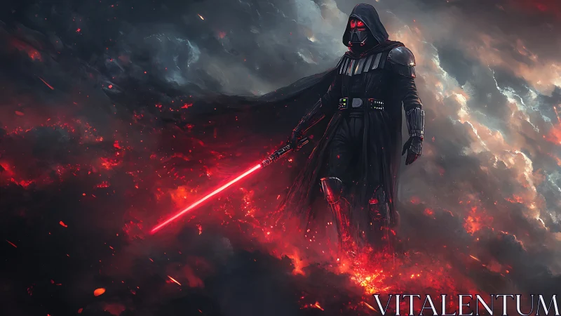 Dark armored warrior with red energy blade on lava field.