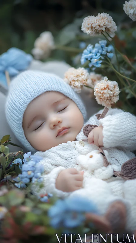 Gentle garden slumber cradles a knit-wrapped dreaming baby.