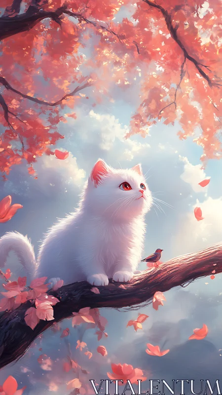 White Cat with Crimson Eyes Perched on Wooden Branch Under Autumn Canopy