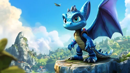 Small blue dragon on rocky ledge in stylized landscape.