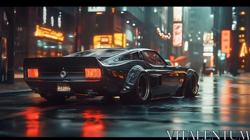 Midnight muscle car cruising through neon city rain.