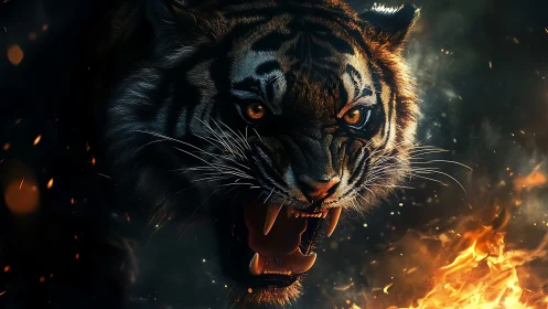 Fierce tiger roars through sparks and fire with blazing power