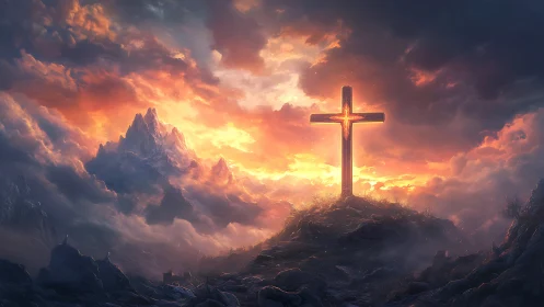 Radiant mountain cross glowing in a dramatic sunset sky.