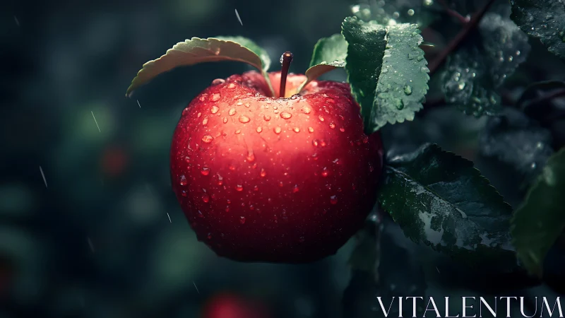 Red apple hangs on tree branch under light rain