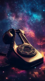Retro rotary telephone drifting in vivid cosmic nebulae.