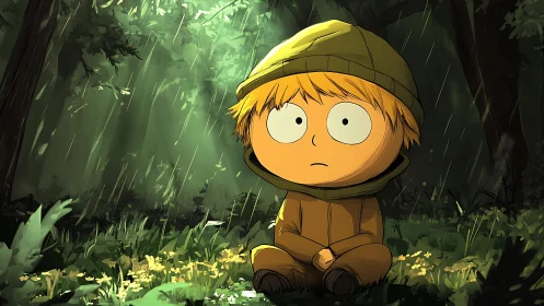 Rain-dappled forest daydream with wide-eyed hooded child.