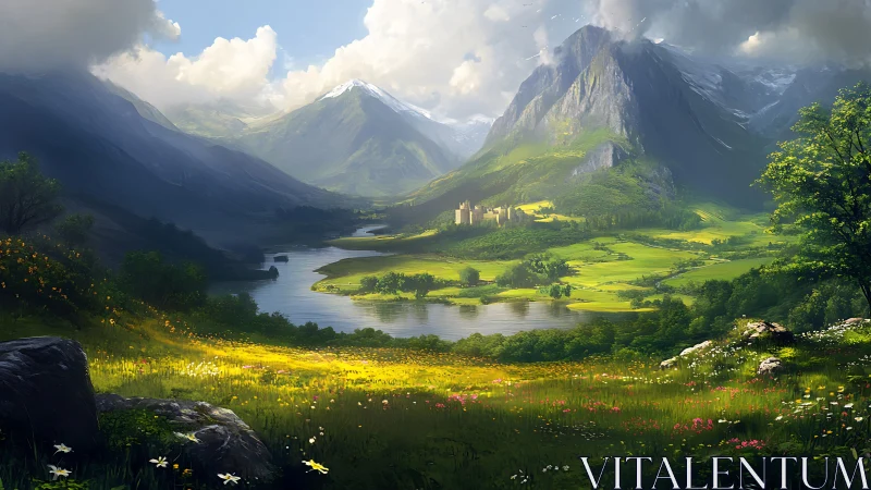 Sunlit valley castle encircled by towering alpine peaks.