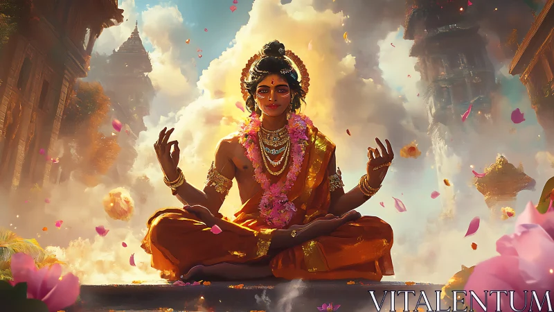 Serene deity in golden robes amidst drifting temple clouds.