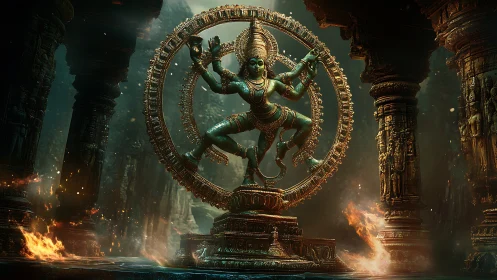 Sacred cosmic dancer in glowing temple circle of fire.