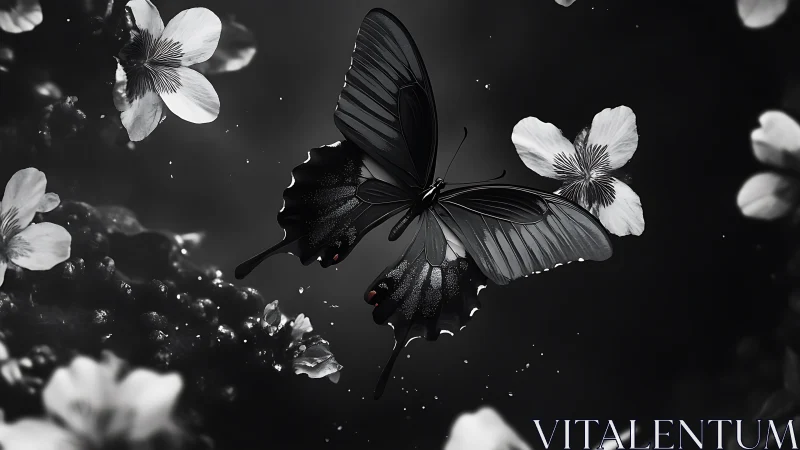 Midnight butterfly drifts among monochrome blossoms in bloom