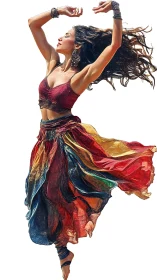 Dynamic dancer in multicolored skirt, high-contrast digital rendering