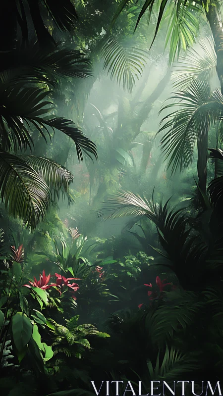 Misty tropical rainforest interior with layered dense vegetation