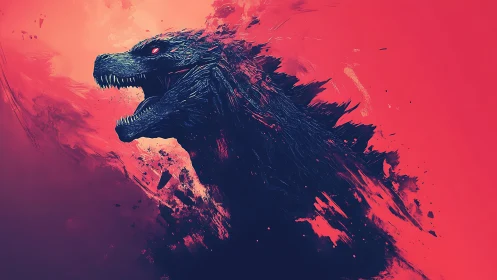 Monstrous reptile profile bursts through molten red void.