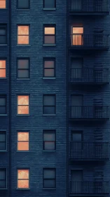 Midnight brick facade with warm illuminated apartment windows.