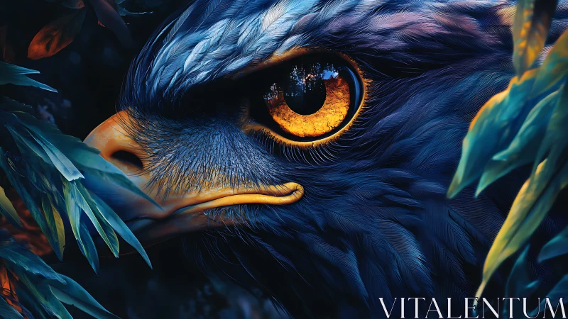 Hyperreal raptor eye close-up with cyan plumage and foliage