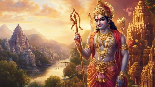 Sunlit river kingdom with radiant deity in gilded splendor.