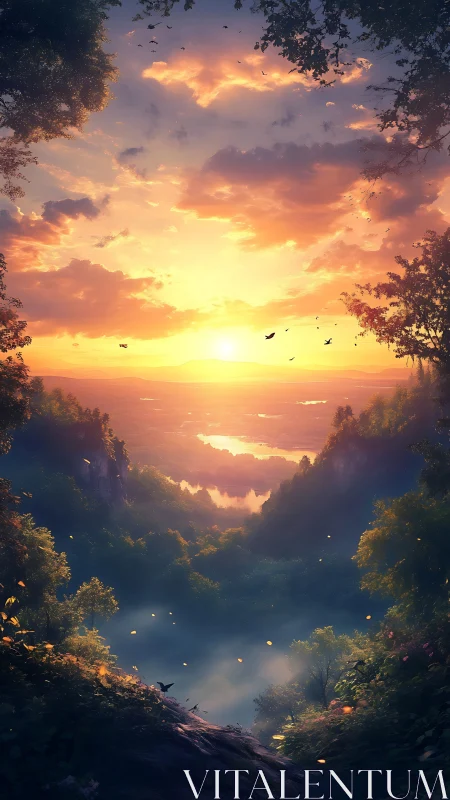 Sunset light passes over distant river valley landscape