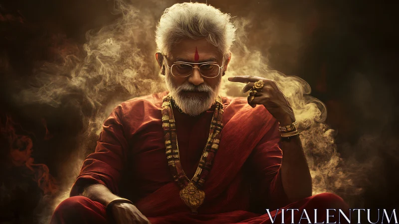 Elder mystic in crimson robes with smoke, jewelry, and bokeh light.
