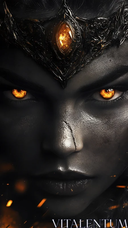 Fiery-eyed dark queen glares with molten crown aglow.