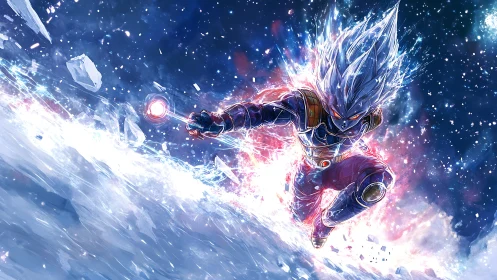 Celestial warrior charges through shattered frozen cosmos