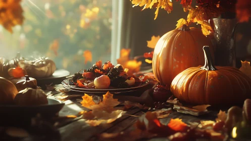 Warm autumn still life with pumpkins and sunlit leaves.