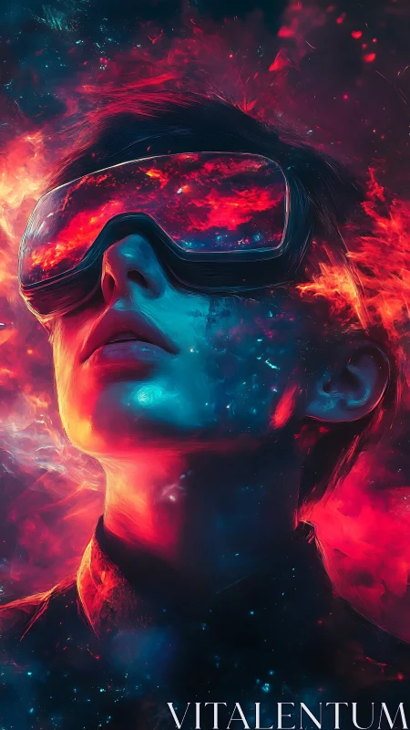 Cyberpunk portrait with neon visor and volatile light gradients.