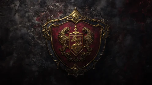 Ornate crimson heraldic shield with twin golden gryphons.