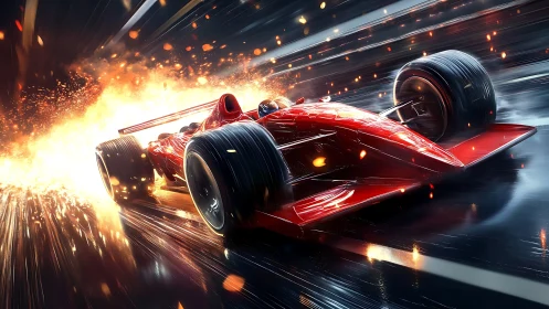 Blazing red race car slicing through a night of sparks.